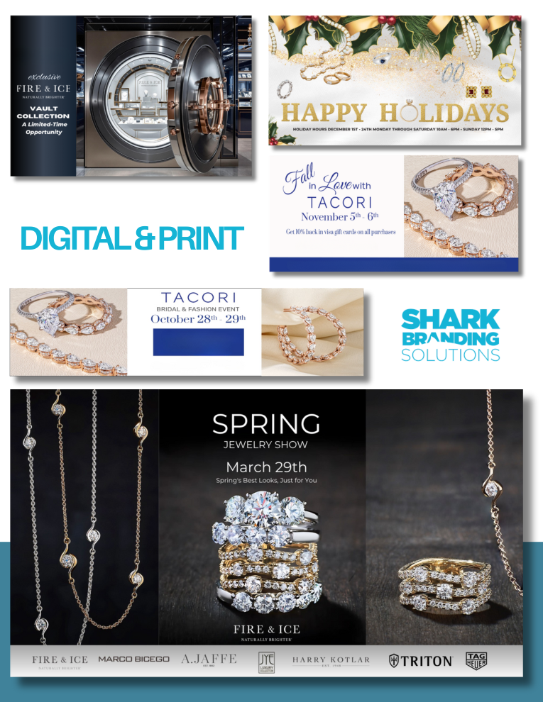 Examples of digital and print creative from Shark Branding Solutions